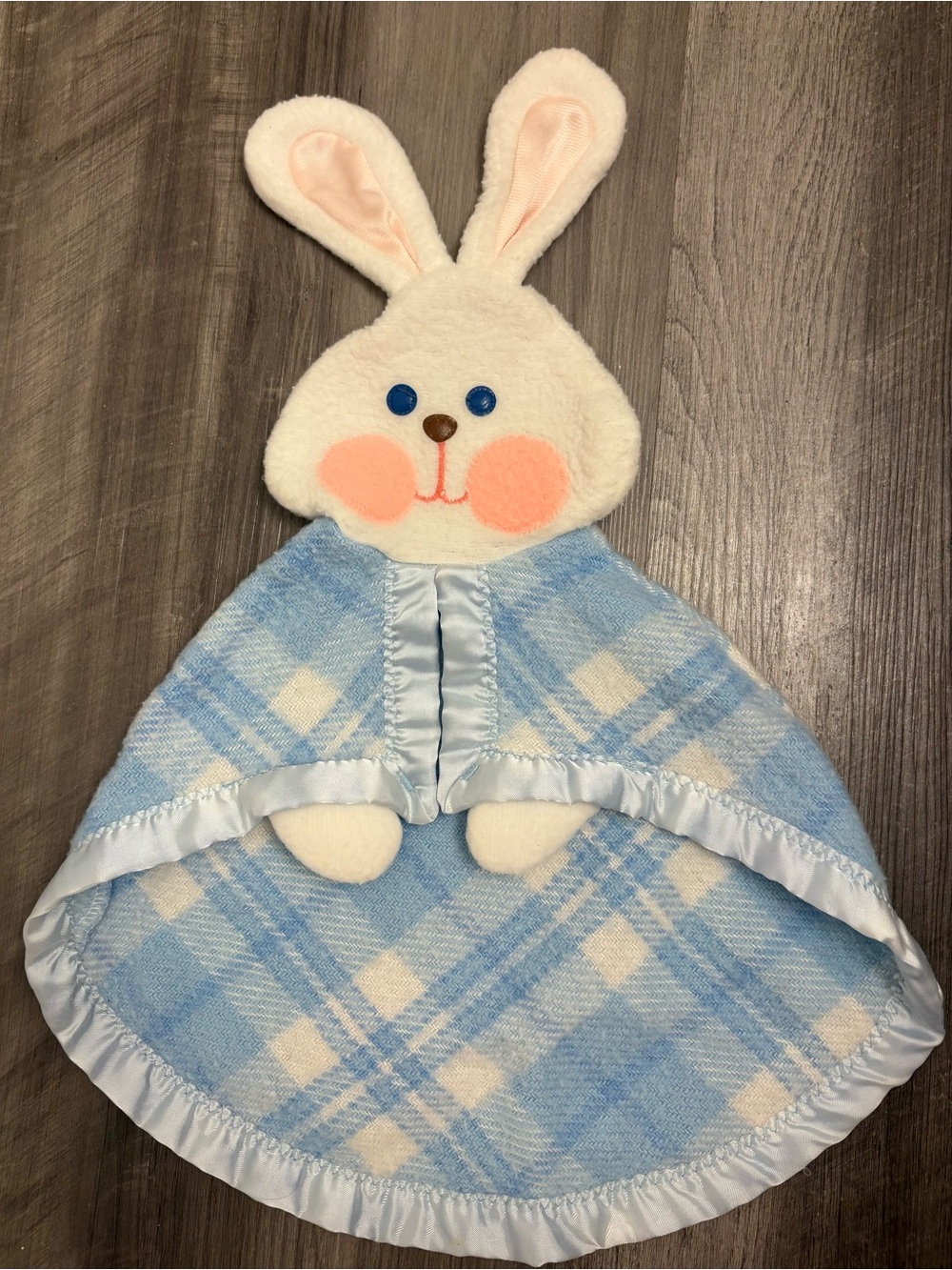 Vintage 1979 Fisher Price Bunny Security Blanket Lovey Blue Plaid Satin Trim